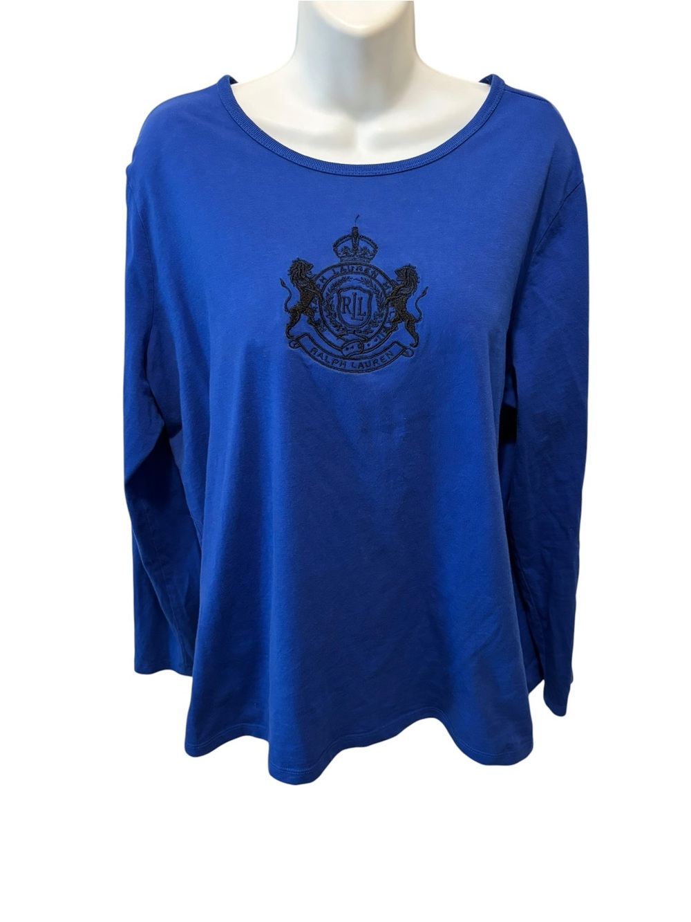 VTG L-RL Ralph Lauren Active Tee Large Medallion Logo 2X Blue Cotton 3/4 Sleeve